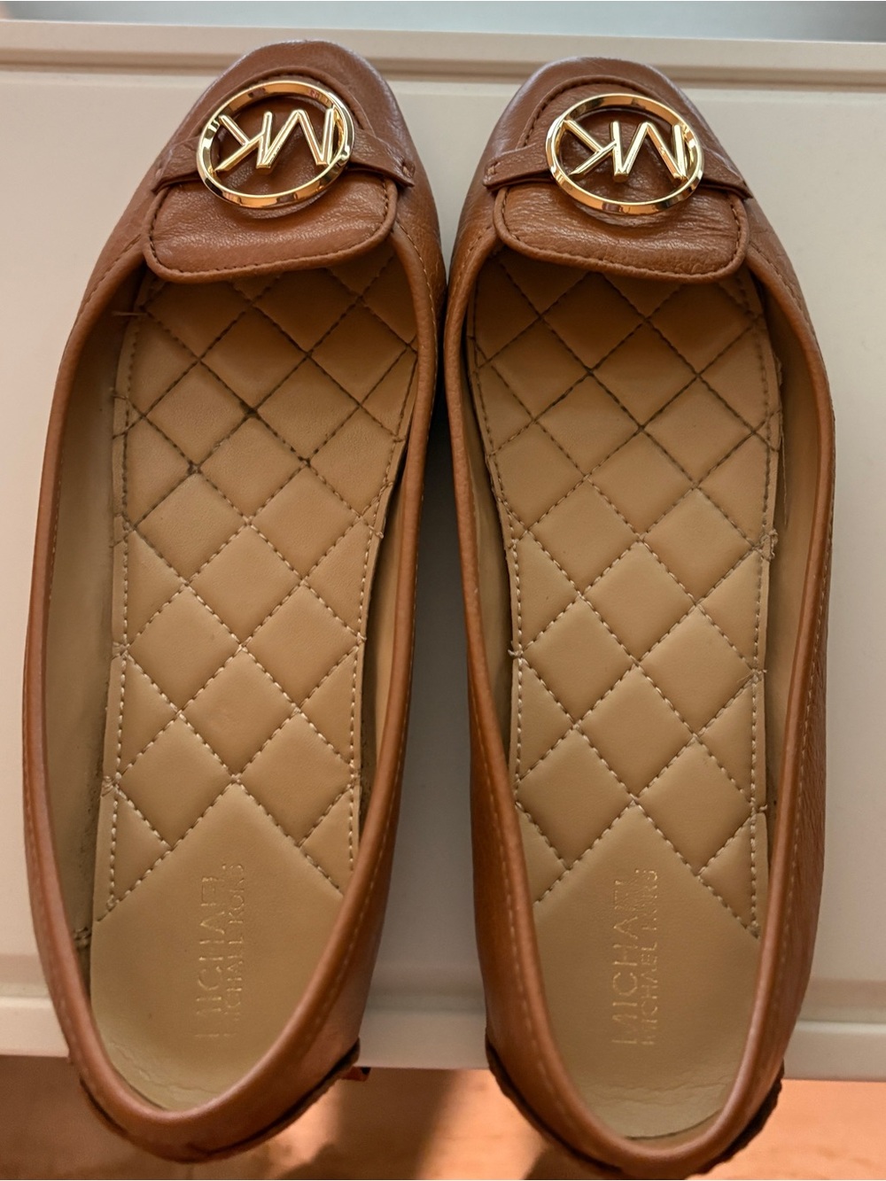 Michael Kors Cognac Leather Quilted Ballet Flats with Gold MK Medallion